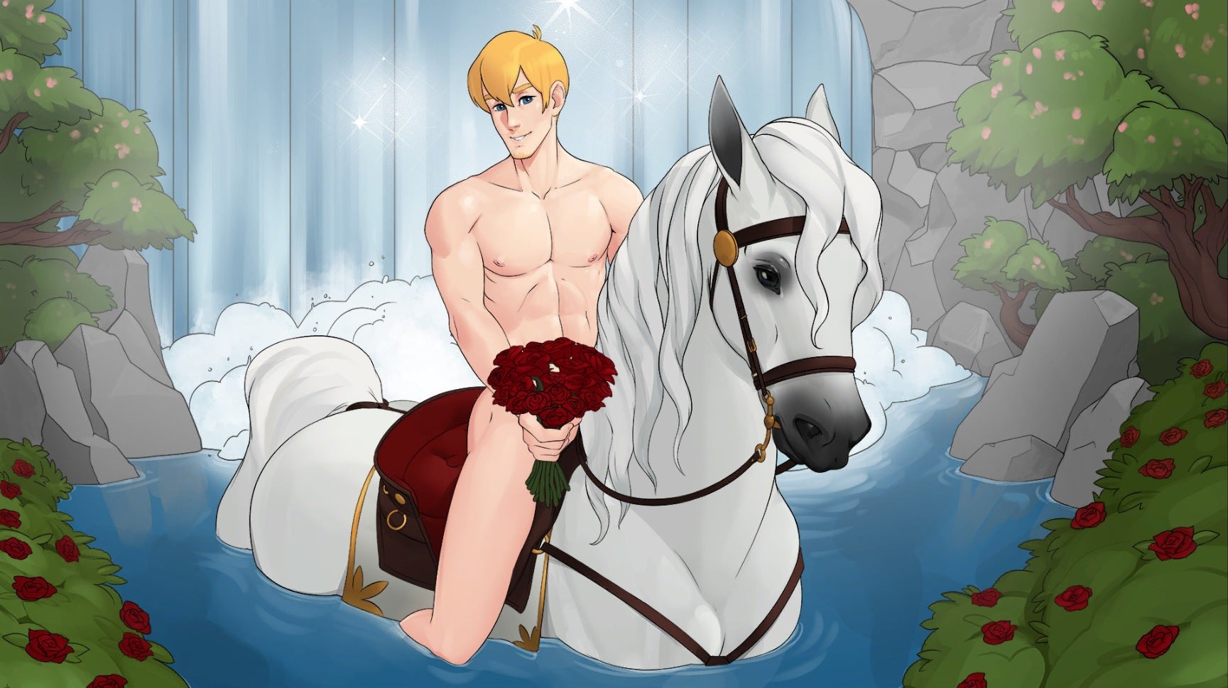 A sexy naked white blonde man with ripped abs on a white horse in a stream, holding a bouquet. Bless him, somebody should ask him if he has an emergency contact. - 1