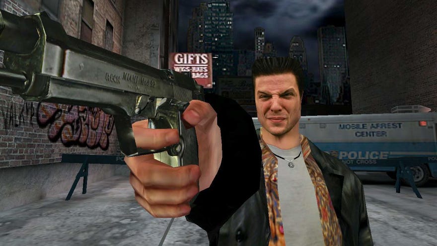 Max squints and shoots in a Max Payne screenshot.