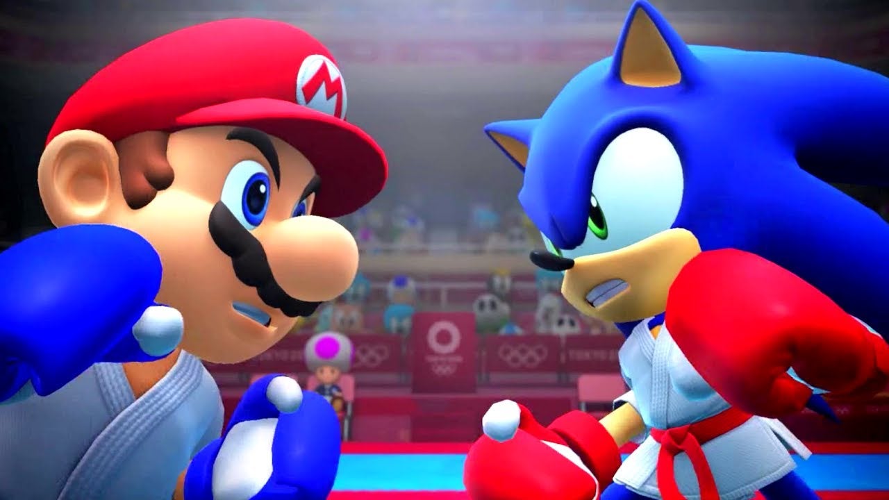 Mario &amp; Sonic face off wearing gloves.