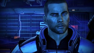 Shepard gives a quizzical look, standing on the Citadel.