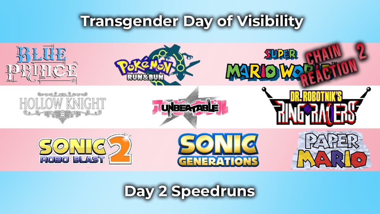 A trans flag covered with various games in honour of Trans Day of Visibility