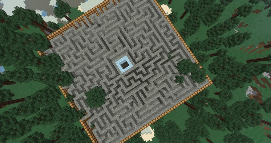 A top-down screenshot of a player-built maze in Minecraft