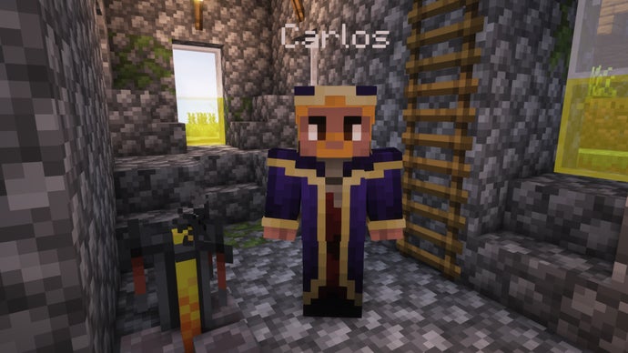 Minecraft'ta MCA Reborn moduyla hayat bulan Carlos adında bir NPC. Carlos mor cübbe giyiyor.