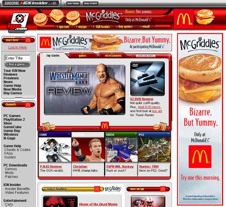 Image of IGN in 2003, during a site takeover campaign for McDonald's McGriddles. Beyond taking over the banner spots, there are also little McDonalds' logos and food images in the various site section headers.