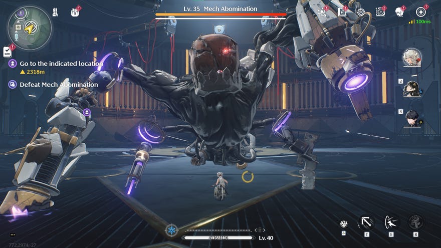 A screenshot from Wuthering Waves showing the Mech Abomination boss.