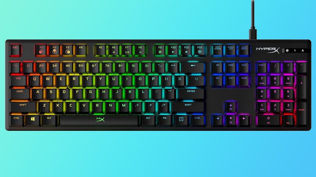 a full-size hyperx alloy origins mechanical gaming keyboard on a gradient background with rgb lighting and USB cable visible