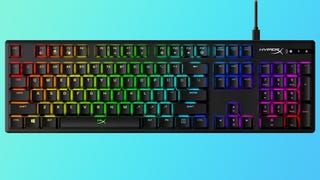 a full-size hyperx alloy origins mechanical gaming keyboard on a gradient background with rgb lighting and USB cable visible