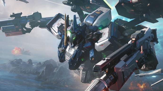 Close up of a mech robot with gun from Mecha Break artwork