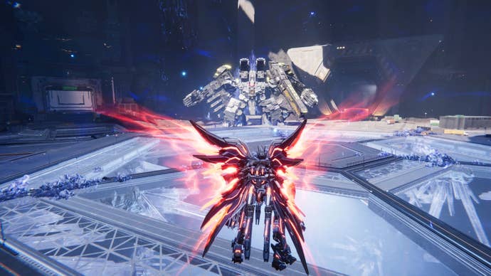 A mech with angelic metallic wings glowing reddish flies towards a ample ground-based mech.