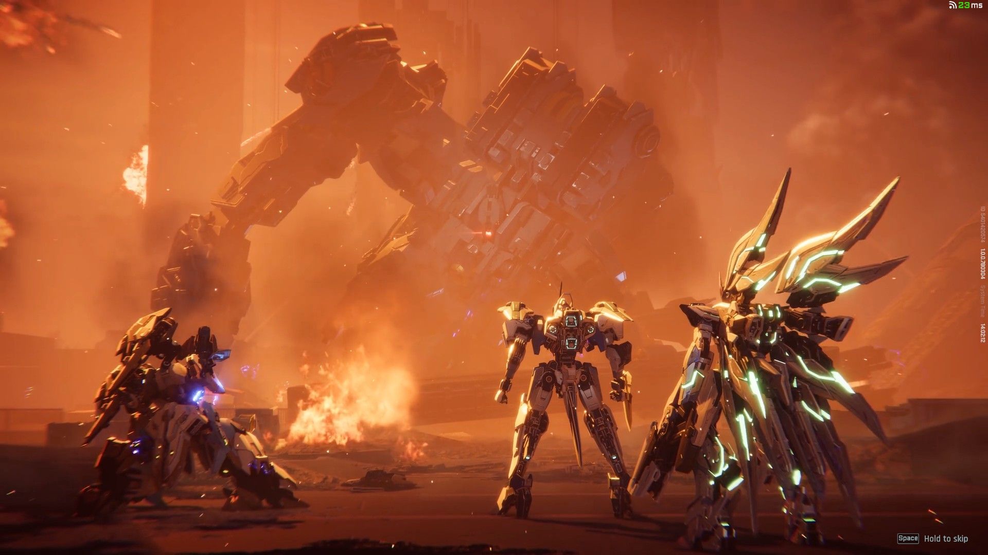 Three mechs observe the wreckage of the boss they just defeated, lying in flames. - 1