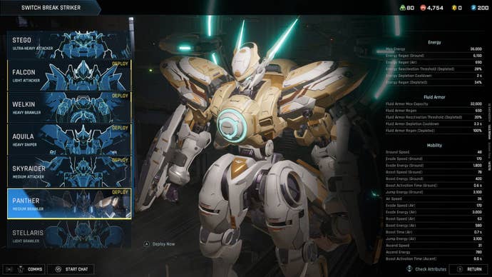 White mechs are located in the hangar and there is a menu showing the parts that can be modified.