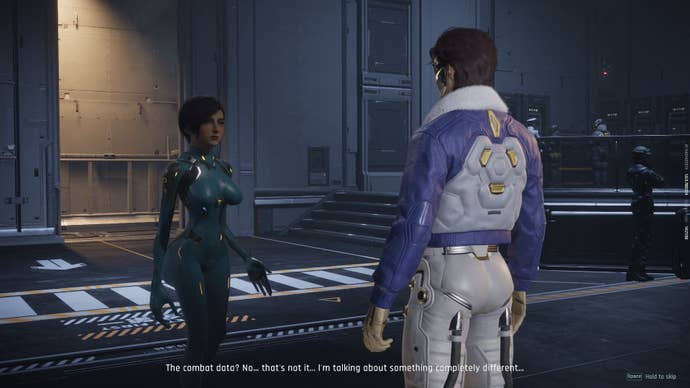 The player's physically unbalanced characters talk to the NPC.