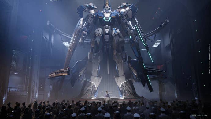 A giant mech towers above the man giving a speech to the crowd.