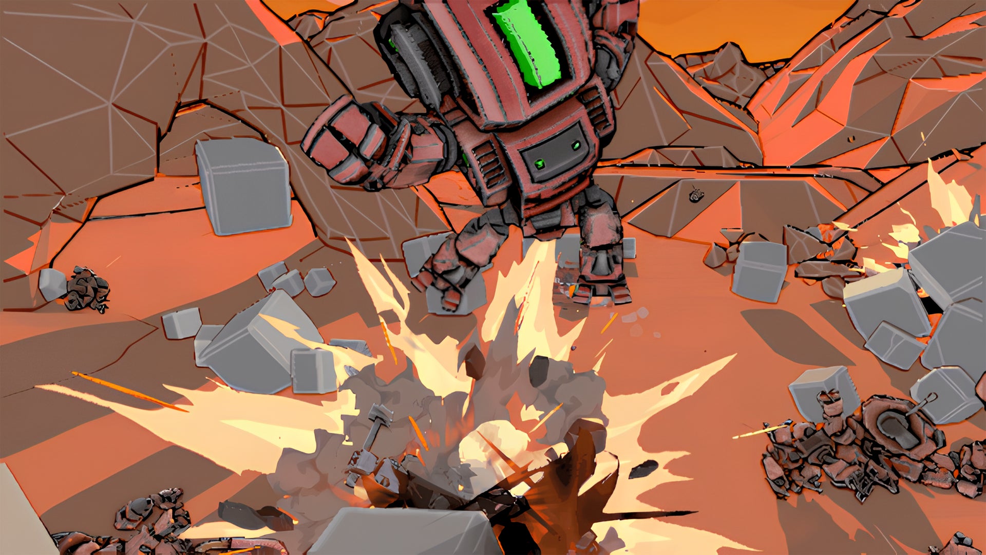 A robot is propelled into the air by an explosion in physics-based brawler Mecha Mayhem. - 1
