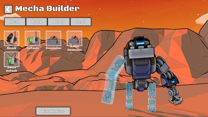 Creating a custom robot from different body parts in physics-based brawler Mecha Mayhem.