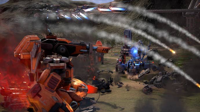 Two robots fire rockets at one another, smoke trails arcing across the sky, in Mechabellum.