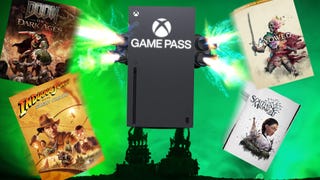 An Xbox Series X with the Game Pass logo is depicted as a robot with guns, the guns firing bullets that are games releasing on Xbox Game Pass. The robot looks very cool.