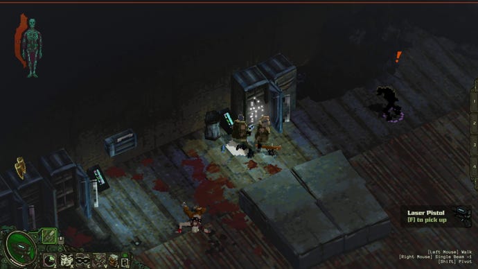 A man picks through a weapons cache in a warehouse while fighting off mutants in Mechajammer