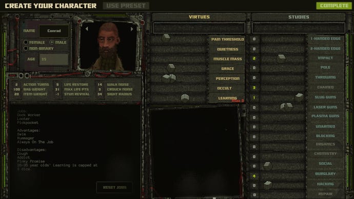 The character creator screen for Mechajammer