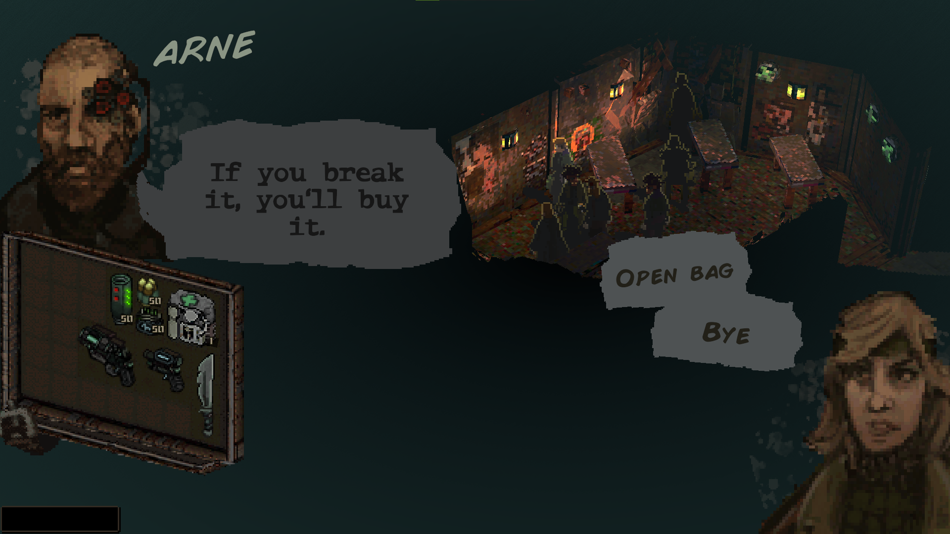 Characters in Mechajammer have a conversation at a shop. The shopkeeper says: &ldquo;If you break it, you buy it."