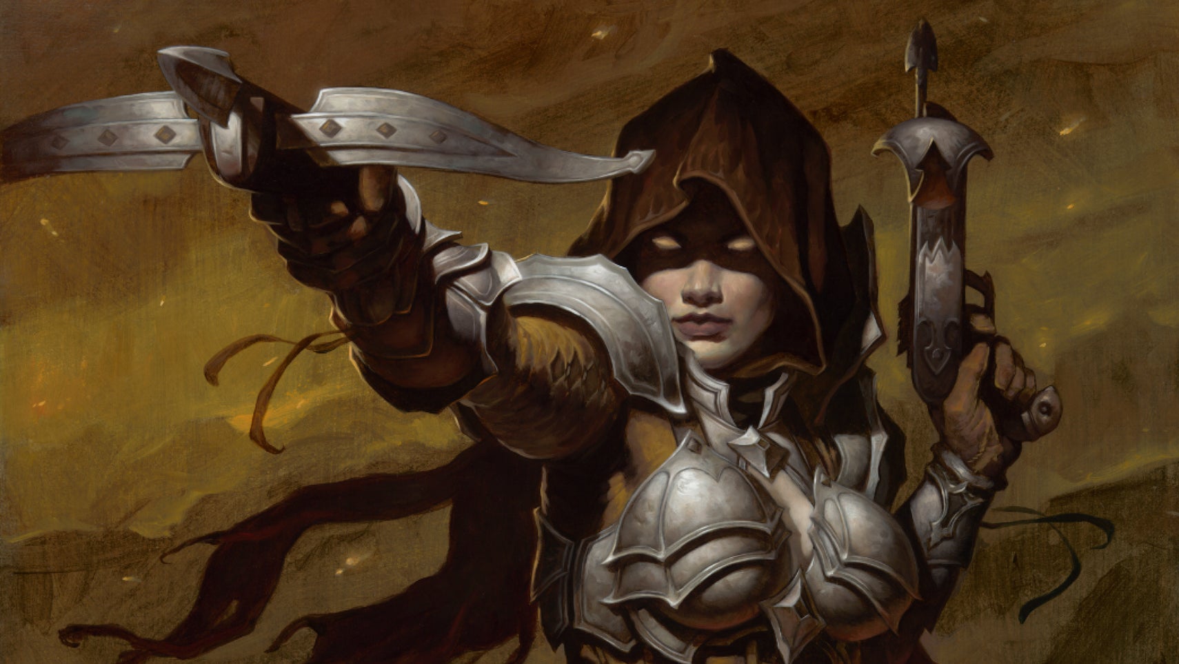 Diablo 3 artwork showing the demon hunter class - an armoured woman with a hood up aims a crossbow.