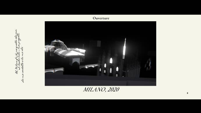 A stylish chapter title screen from Mediterranea Inferno. Several handwritten sentences in Italian run vertically up the screen to the left and a black rectangle in the centre contains abstract 3D images of Milan at night. Above the rectangle is the word “Ouverture” and below reads “Milano, 2020”.