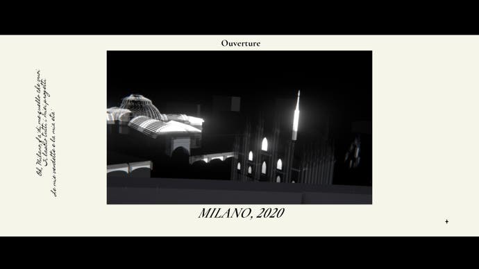 A stylish chapter title screen from Mediterranea Inferno. Several handwritten sentences in Italian run vertically up the screen to the left and a black rectangle in the centre contains abstract 3D images of Milan at night.  Above the rectangle is the word "Ouverture" and below reads "Milano, 2020".