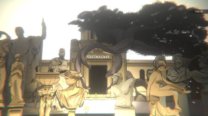 An illustration from Mediterranea Inferno showing an Italian graveyard presented in subdued shades of brown. Statues line a path leading to a family mausoleum with the name “Visconti” above the door.