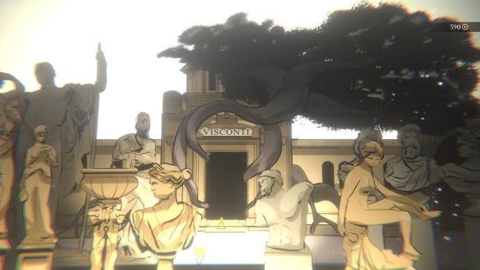 An illustration from Mediterranea Inferno showing an Italian graveyard presented in subdued shades of brown. Statues line a path leading to a family mausoleum with the name "Visconti" above the door.