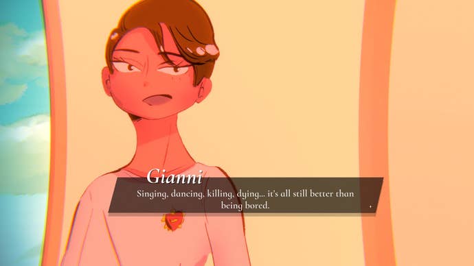 An illustration from Mediterranea Inferno showing a handsome young man, named as Gianni, bathed in the warm summer sun as he looks at the camera. A caption reads, “Singing, dancing, killing, dying… it’s all still better than being bored."