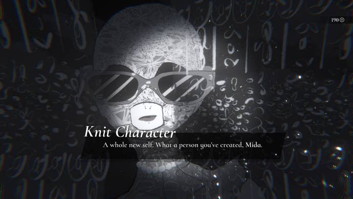 A highly stylised black and white illustration from Mediterranea Inferno showing a character wearing sunglasses and a strange woollen head covering leaving only their mouth visible. A caption reads, “A whole new self. What a person you’ve created, Mida."