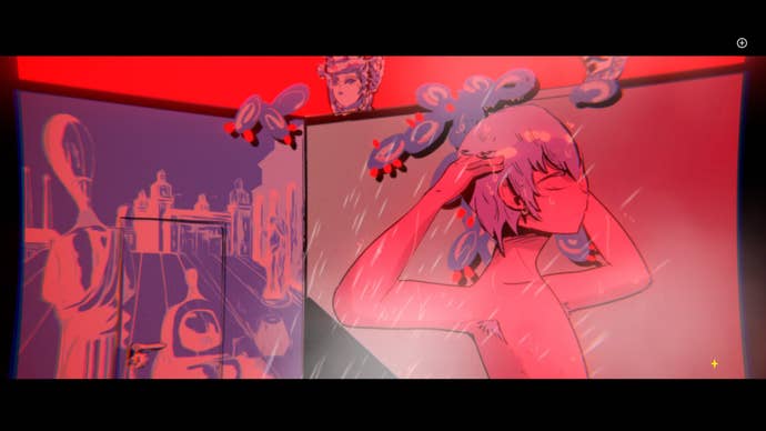 A highly stylised illustration from Mediterranea Inferno showing a young man, Claudio, washing his hair in the shower. The image is bathed in an unnatural red light, and cactus branches can be seen creeping over the top of the cubicle.