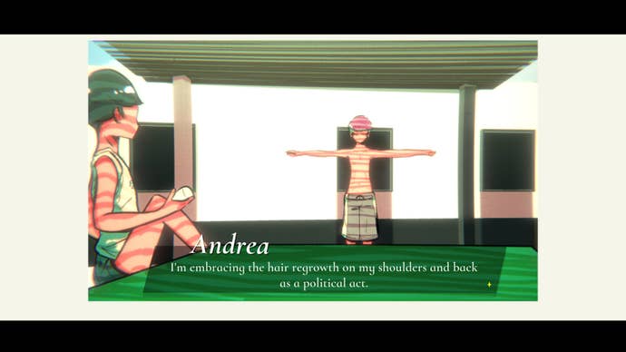 An illustration from Mediterranea Inferno showing two young men conversing outside their summer villa in the hot Italian sun. Mida sits in the shade of a pergola to the right, while Andrea stands, arms outstretched, in the centre. He is saying, “I’m embracing the hair regrowth on my shoulders and back as a political act."