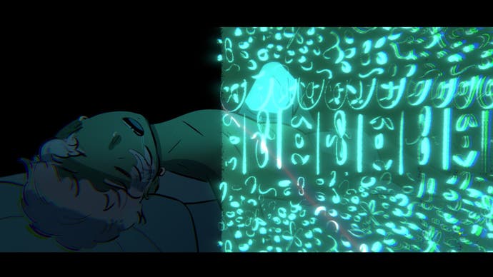 An illustration from Mediterranea Inferno showing a blond young man, Andrea, sleeping peacefully on his bed, head hanging back while drool runs from his mouth. His trousered leg juts up on the mattress, barely visible behind a translucent aquamarine curtain obscuring the right-hand side of the screen.
