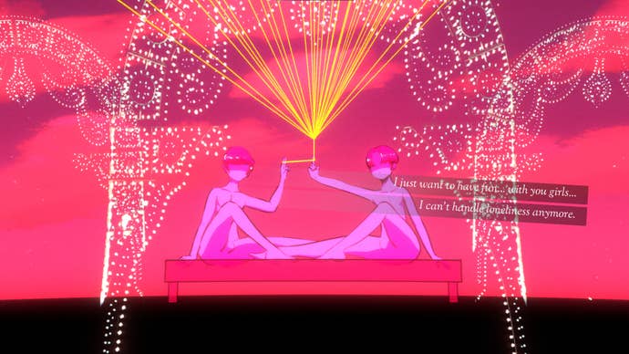 A vision from a Mirage in Mediterranea Inferno, a bright pink wash with two characters in acid purple, holding dozens of golden threads