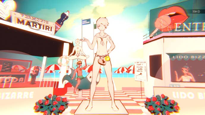 A bleached, dream-like illustration from Mediterranea Inferno showing a blond young man, Andrea, standing facing the camera at the entrance to a beautiful beach; he wears a sailor’s collar and a chastity belt in the shape on a heart. A games arcade is visible to his left, a manned information kiosk lies to his right, and the sky, ocean, and a scattering of red and white parasols are visible behind him.
