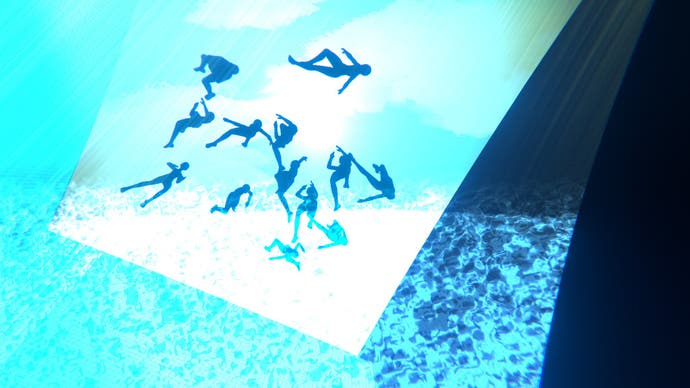 A highly stylised illustration from Mediterranea Inferno showing 13 swimmers silhouetted in a square of light with a bright blue sky behind them, as if viewed from the bottom of an unusually deep swimming pool.