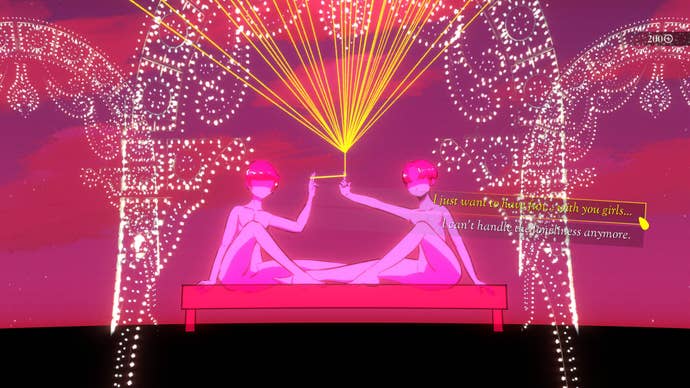 A highly stylised illustration from Mediterranea Inferno showing two young men, Claudio and Mida, sat naked on a bench beneath arches of twinkling lights. Their legs are intertwined and their bodies face each other but their heads are turned toward the screen. They are bathed in the reds and purples of a setting sun and masses of golden threads stretch from their touching fingertips into the heavens. A dialogue box to the right gives the player the option of saying either, “I just want to have fun with you girls…” or, “I can’t handle the loneliness anymore."