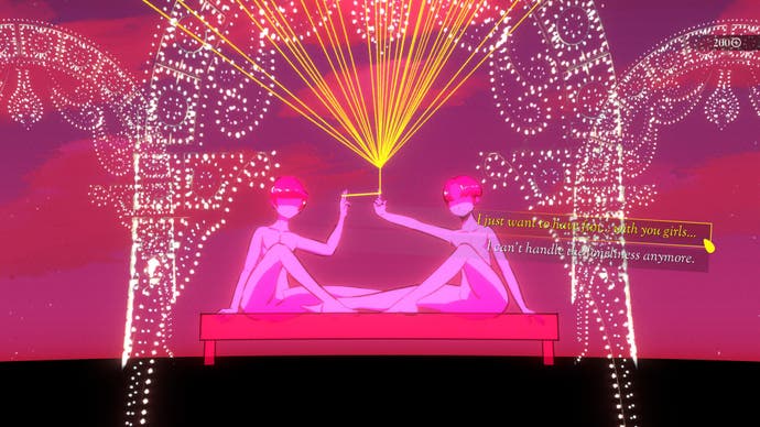 A highly stylised illustration from Mediterranea Inferno showing two young men, Claudio and Mida, sat naked on a bench beneath arches of twinkling lights. Their legs are intertwined and their bodies face each other but their heads are turned toward the screen. They are bathed in the reds and purples of a setting sun and masses of golden threads stretch from their touching fingertips into the heavens. A dialogue box to the right gives the player the option of saying either, "I just want to have fun with you girls..." or, "I can't handle the loneliness anymore."