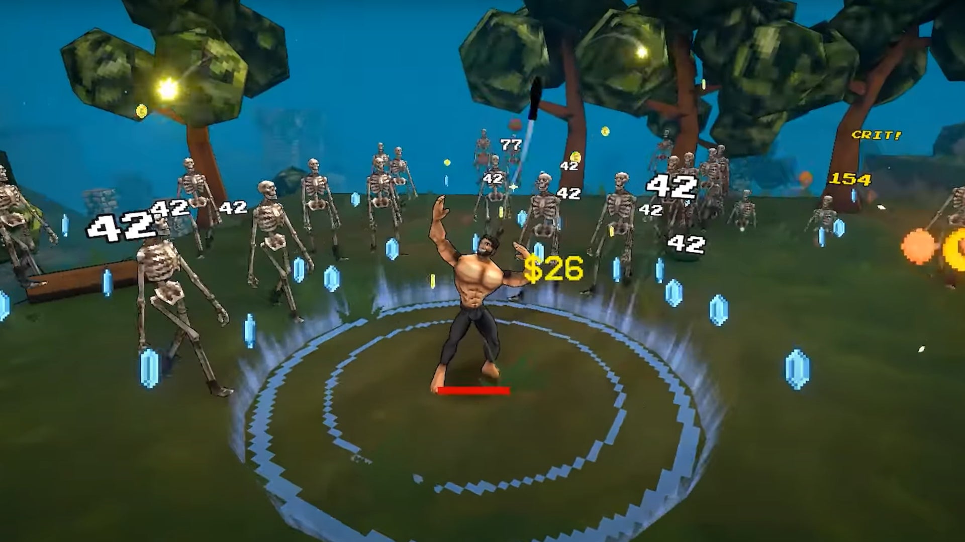 Megachad, a shirtless himbo, kills a billion skeletons around him in Megabonk. - 1