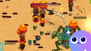 An attack helicopter flies through the desert amid many explosions in Megacopter.