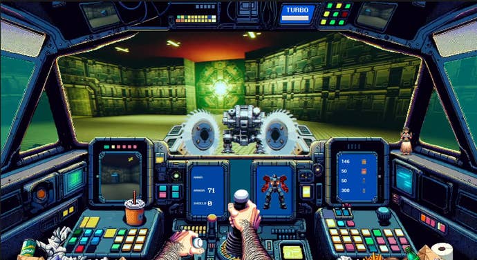 A mech with buzzsaws in FPS Mekkablood: Quarry Assault.