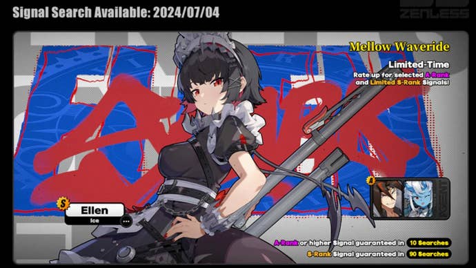 Artwork showing Ellen Joe for the Zenless Zone Zero “Mellow Wavetide” banner.