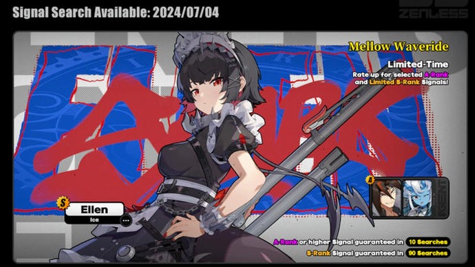 Artwork showing Ellen Joe for the Zenless Zone Zero "Mellow Wavetide" banner.