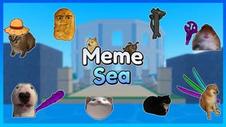 Artwork for the Roblox game Meme Sea, showing some of the memes you can encounter in the experience.