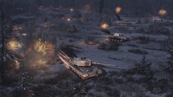 Tanks fire at night on snowy fields in Men Of War 2