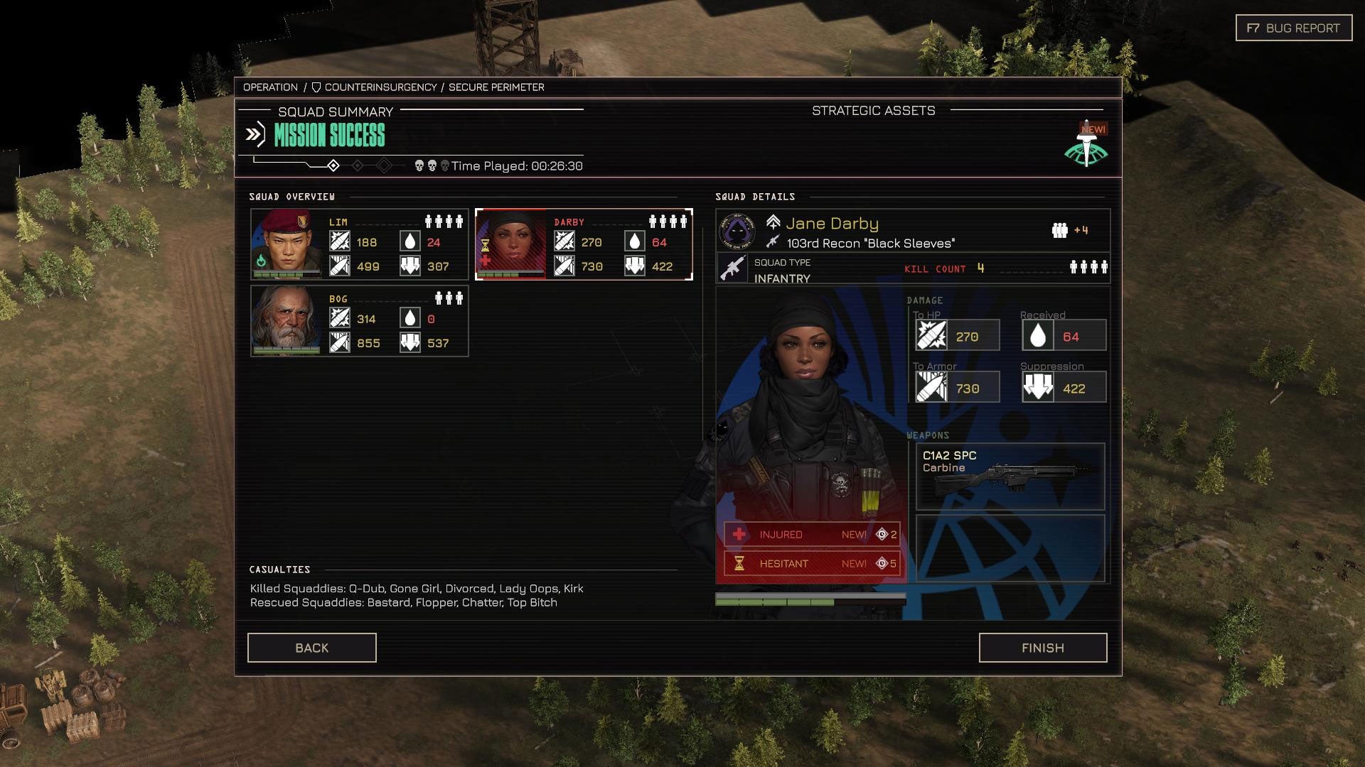 The post mission wash up screen in Menace - 9