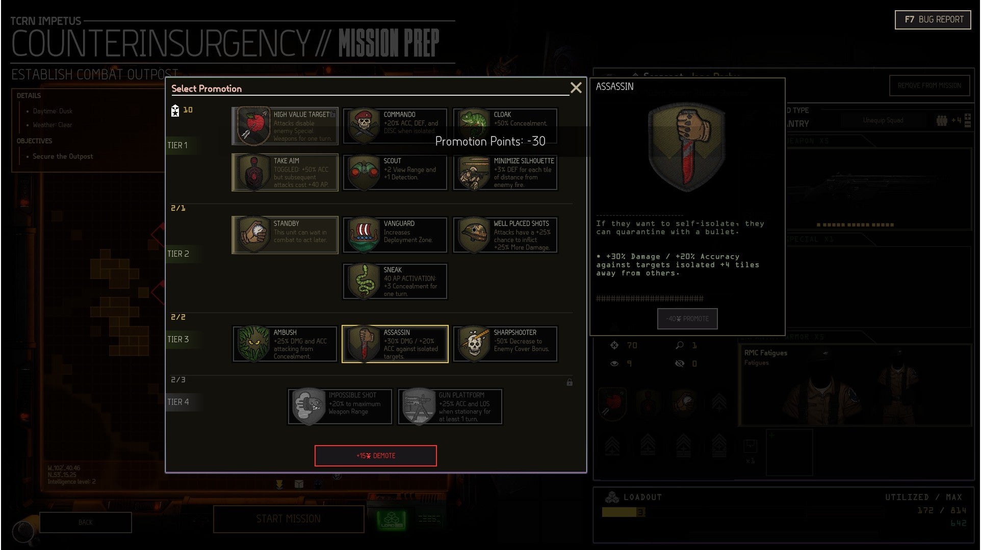 A screen showing a selection of promotion traits and bonuses for characters in Menace. - 6