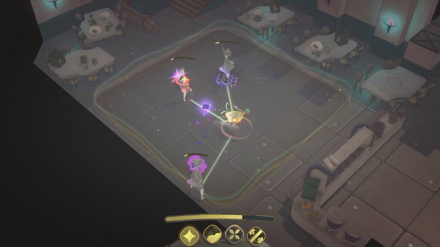 Mentari heals some baddies with the power of dance in an arena.