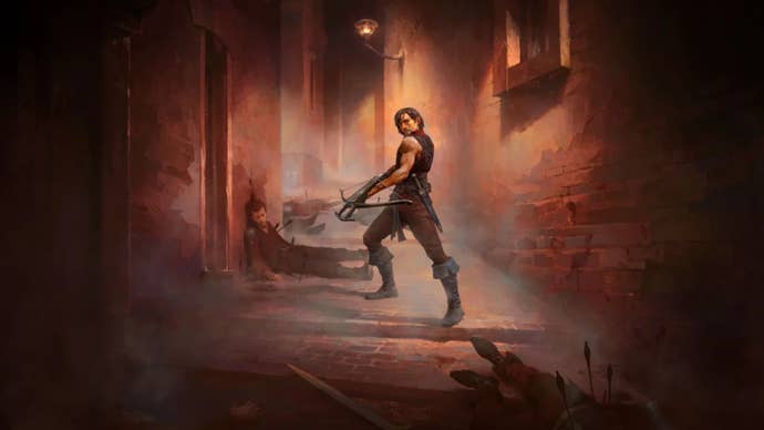 The Path of Exile 2 Mercenary stands over a dead body in an alley, crossbow at the ready.
